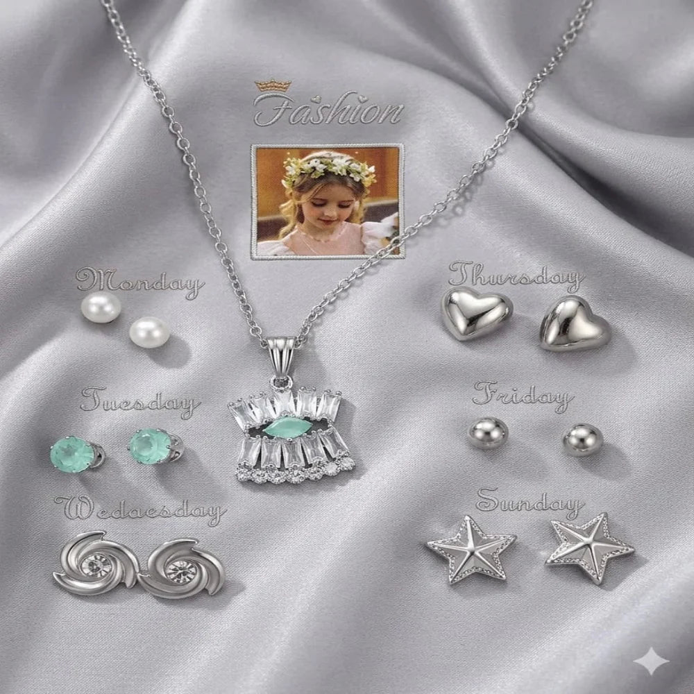 Seven Days of the Week jewelry gift set with necklace and matching stud earrings