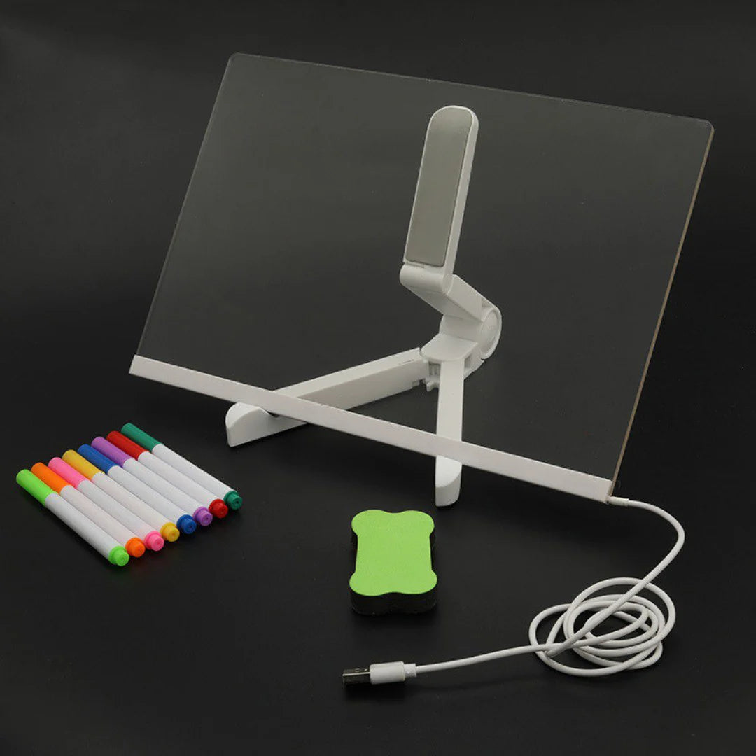 Acrylic dry-erase message board with an LED light-up base