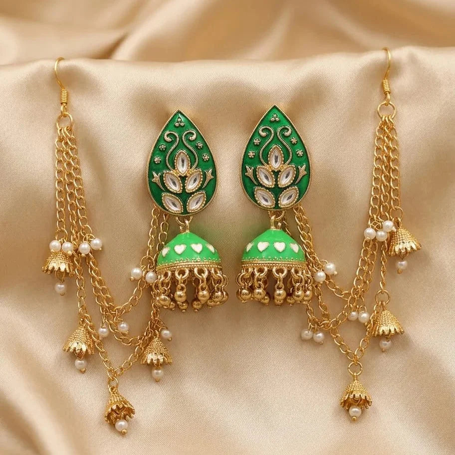 Jhumka earrings with Kundan stones and Sahary