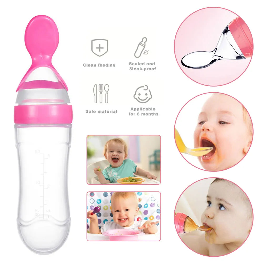 Silicone Baby Feeder Squeeze Feeding Bottle With Spoon - 90ml