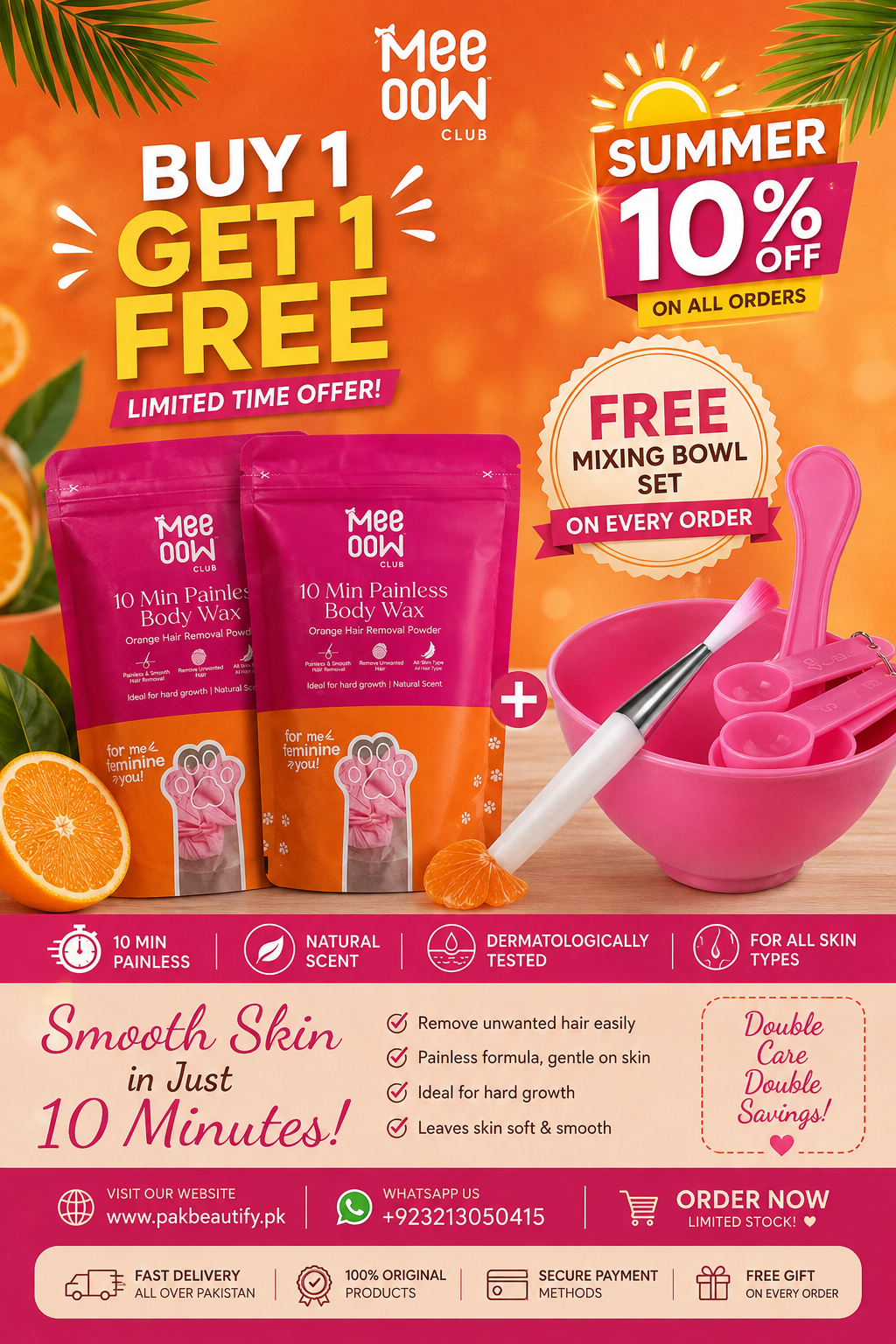 Meeoow Club 10 Min Painless Body Wax Powder – Mogra Scented Herbal Hair Removal Powder (100g) free mixing bowl